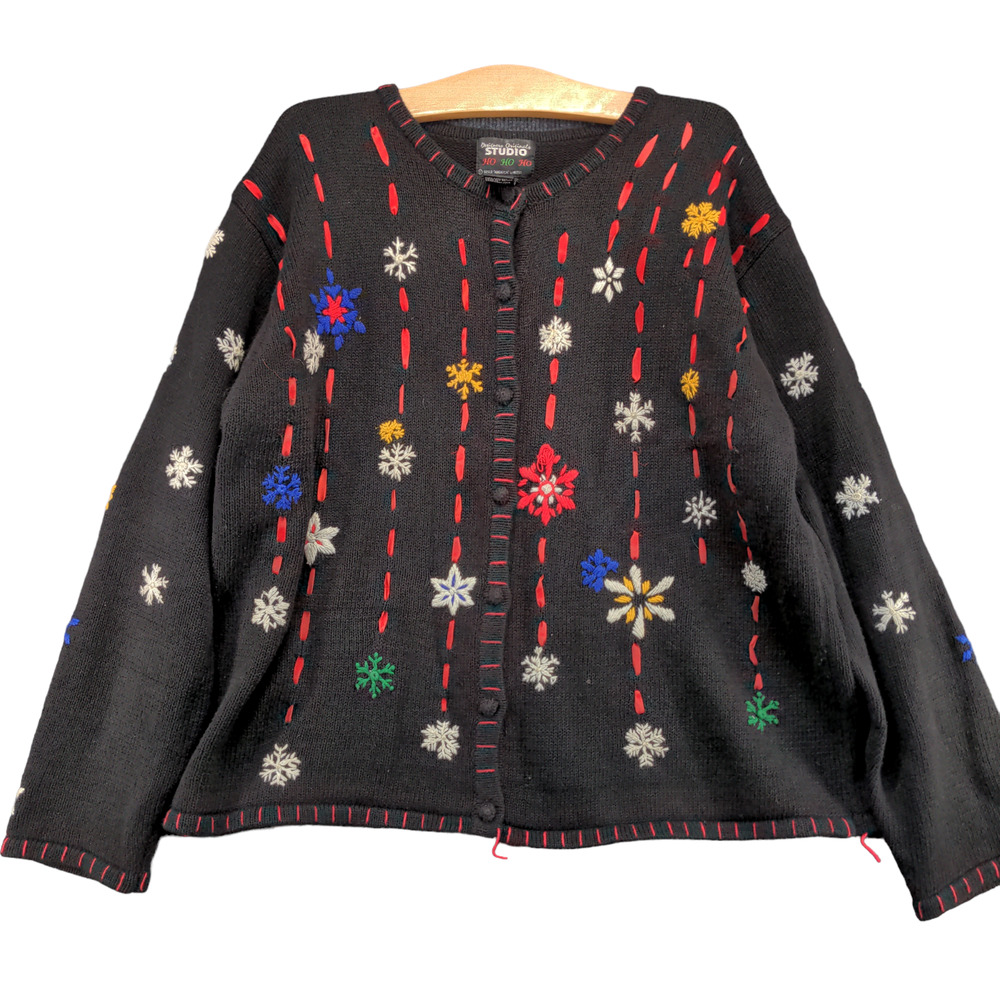 Designer's Original Studio Women's Ho Ho Ho Christmas Cardigan Sweater Black XL